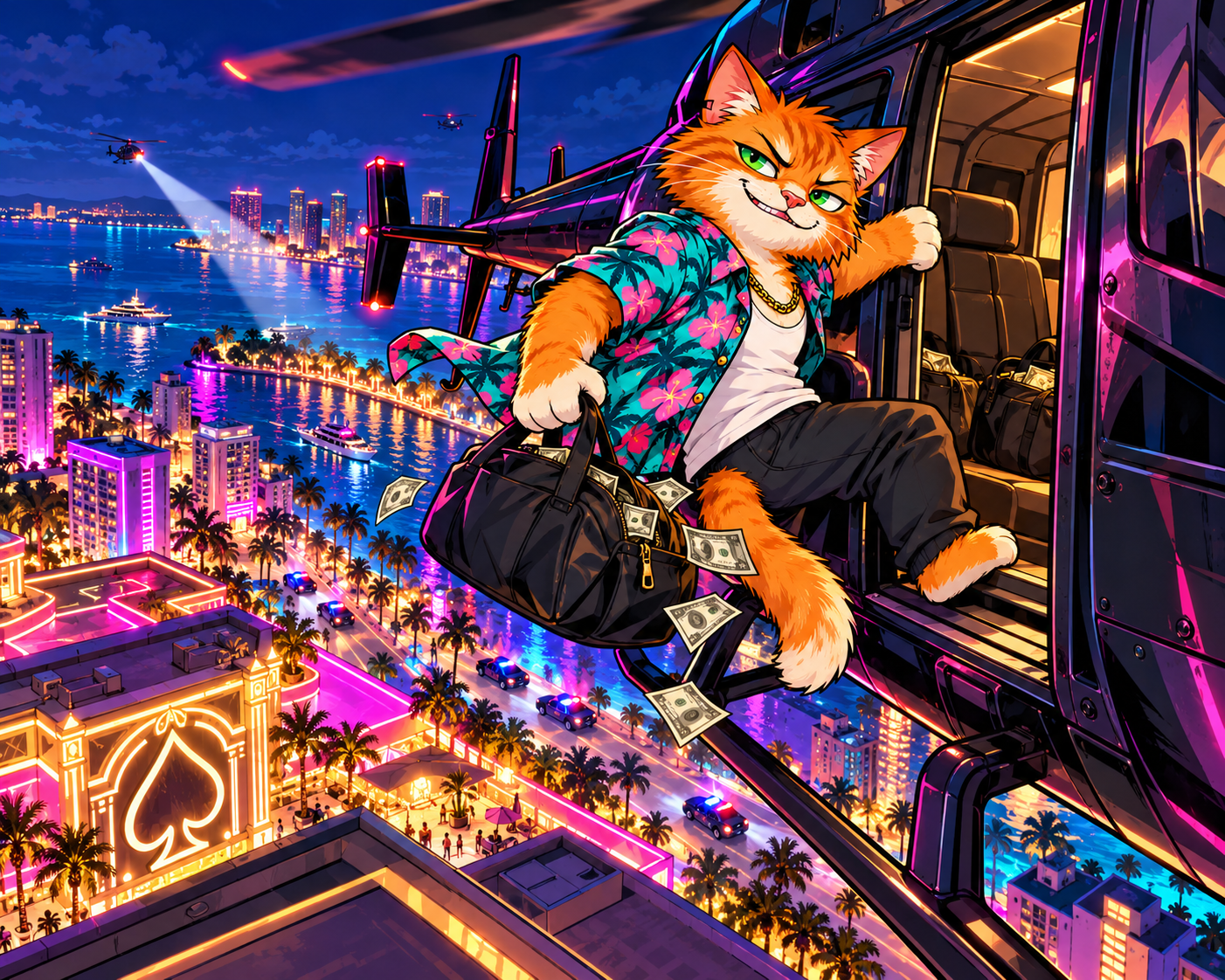 Alleycat helicopter getaway over the neon city