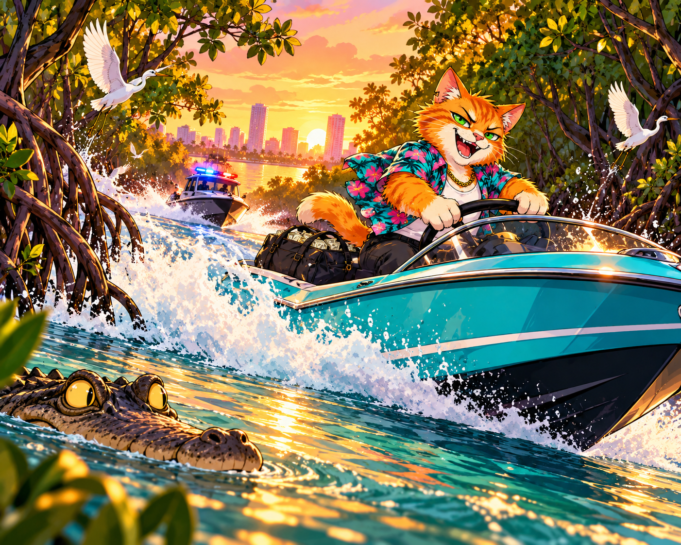 Alleycat escaping by speedboat through the mangroves