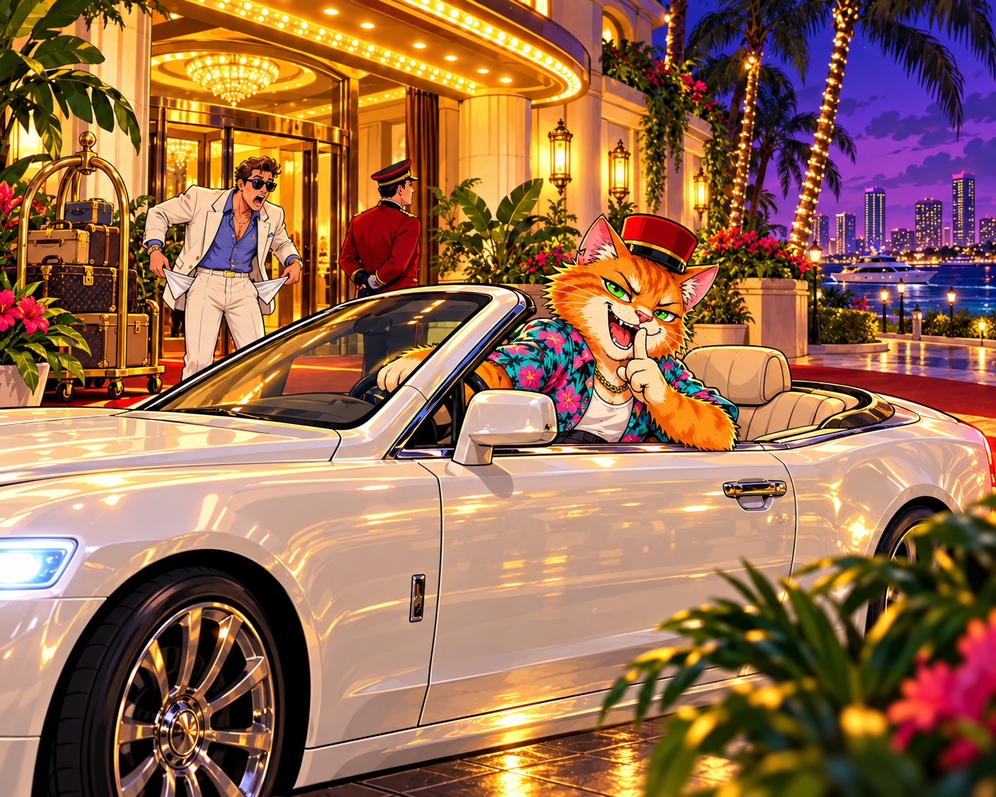 Alleycat driving away from the hotel heist